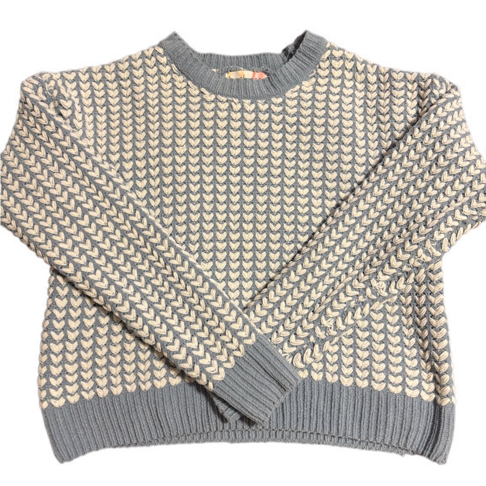 Blue and White Crew Neck Sweater with Ribbed Trim